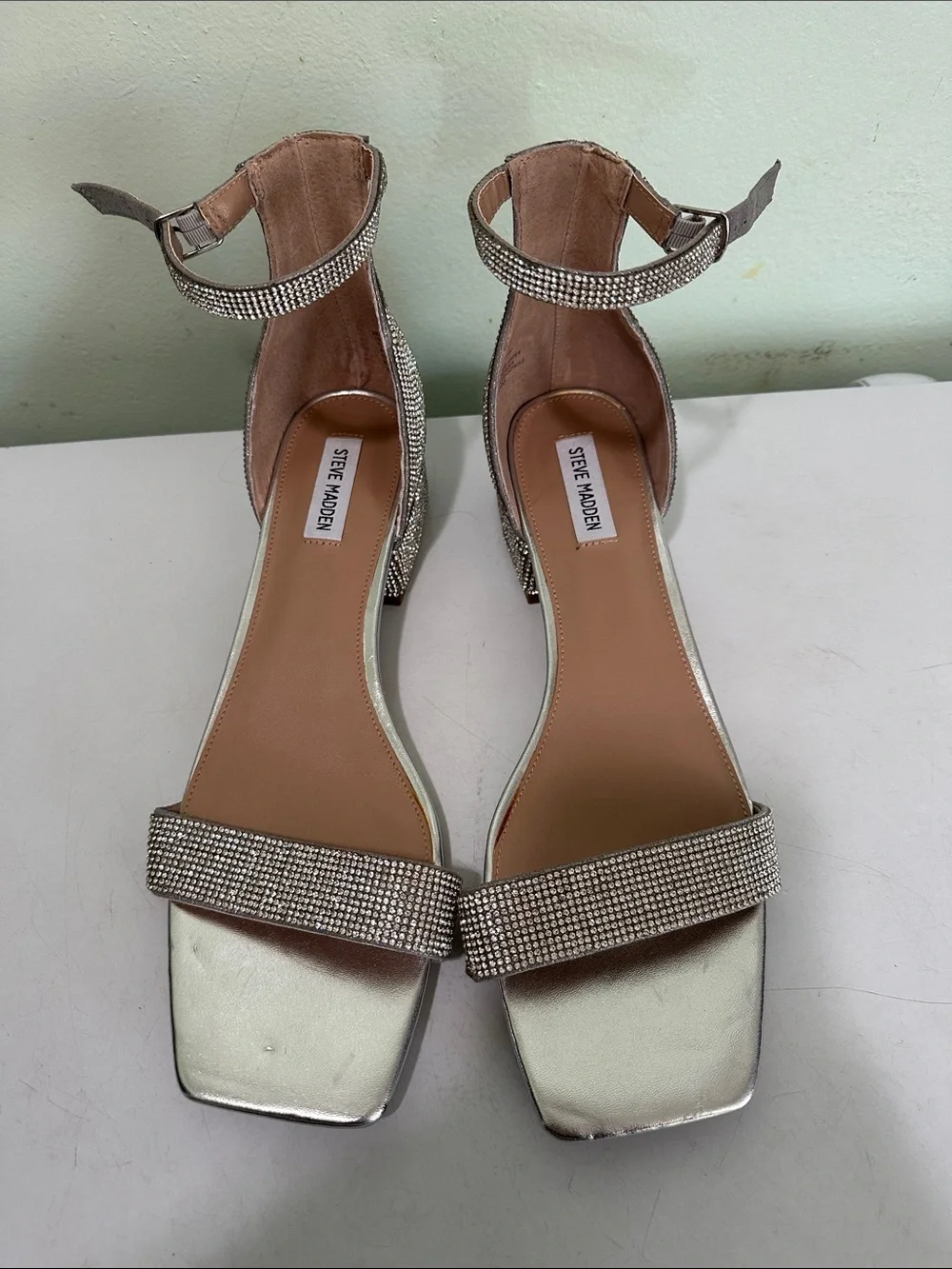 Steve Madden Silver Crystal Ankle-Strap Block Heels - Picture 3 of 5